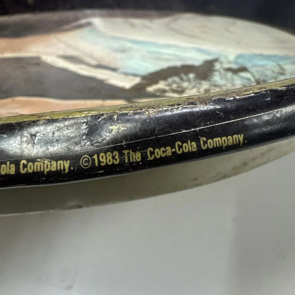 1983 oval Coca-Cola metal serving tray LADY IN BLUE DRESS reproduction 15x 12